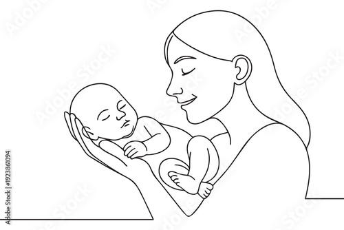A hand drawn one line continuous vector of a mother holding her baby, expressing warmth, tenderness, and the gentle beauty of maternal affection.