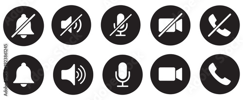Phone call interface buttons, video call and mobile communication elements, collection of handset, speaker, message, mute icons, vector
