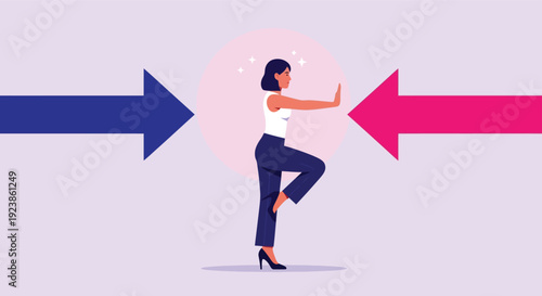 Woman Stopping Two Opposing Arrows Direction