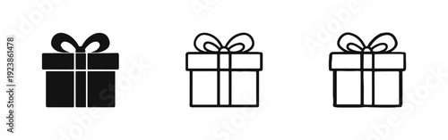 Collection of gift and present icons in solid, outline, and hand-drawn styles for various events.
