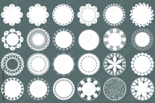 White round lace paper doilies. Paper napkin. Vintage doilies for cakes, bakery and decor. Decorative elements. Vector