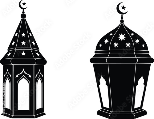 Elegant islamic lanterns with crescent moon finials
