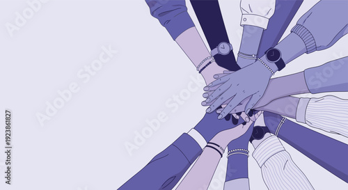 Group of Diverse Hands Stacked Together on a Purple Background