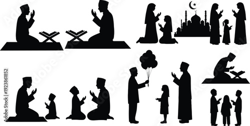 Silhouette of muslim family praying and celebrating ramadan