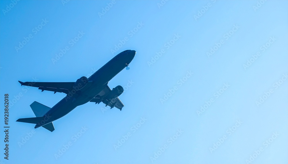 Fototapeta premium Airplane Silhouette Flying Against Clear Blue Sky Copy Space