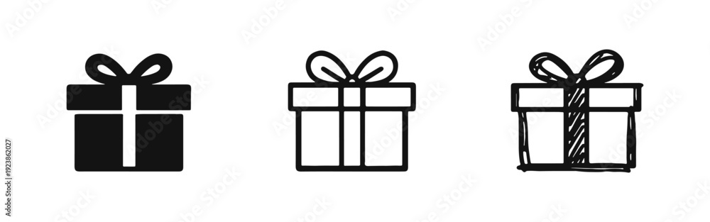 Fototapeta premium Gift box icon set featuring solid, outline, and hand-drawn styles for celebrations and holidays.