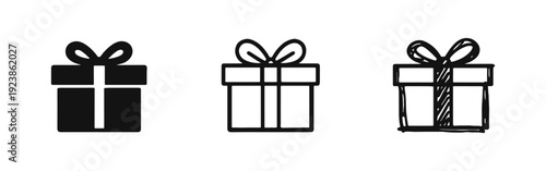 Gift box icon set featuring solid, outline, and hand-drawn styles for celebrations and holidays.