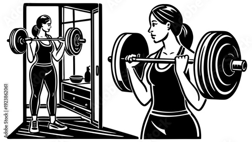 Woman lifting weights while checking her reflection in the mirror during a workout session