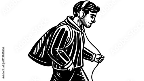 A person in a coat and backpack adjusting their tie with a focused expression