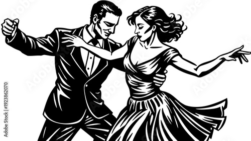 Elegant couple dancing gracefully in a vintage ballroom setting