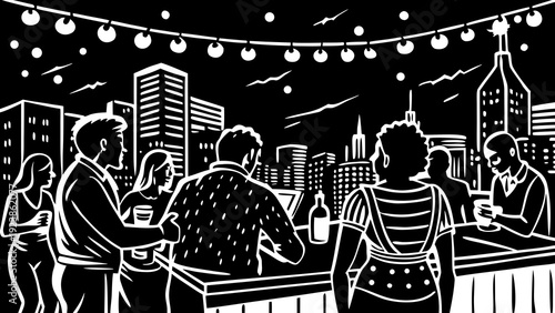 Vibrant gathering of musicians and dancers under festive string lights at nighttime celebration