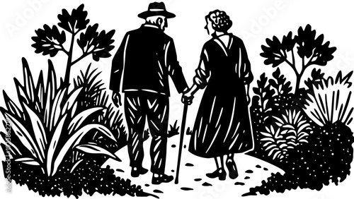 Three explorers standing amidst tropical plants in an old-fashioned illustration