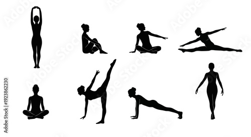 Fitness and Yoga Poses Silhouettes: Collection of Female Figures in Various Exercise and Stretching Postures for Health and Wellness Design