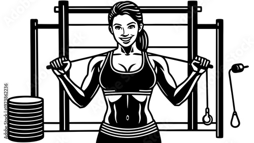 Determined woman lifting weights in a gym setting with focused expression