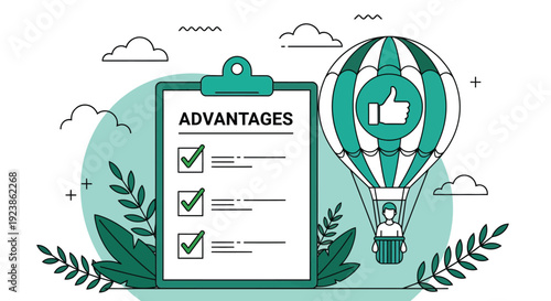 Advantages Checklist with Hot Air Balloon and Thumbs Up Icon