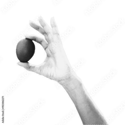 Retro collage halftone hand hold easter egg. Vintage Y2K Dithered Collage Style Mixed Media Vector Illustration.