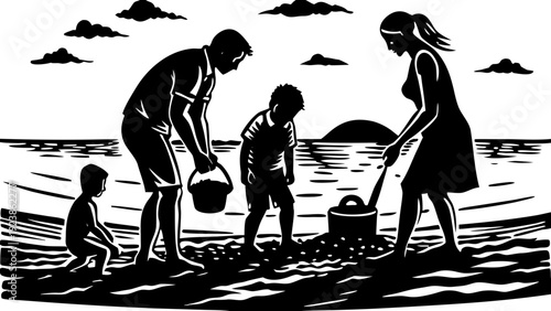 Family enjoying a sunny day by the seaside with playful children and pets