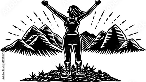 Triumphant figure standing atop a mountain range with arms raised in victory.