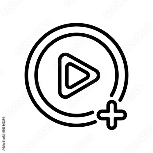 Simple black play button icon with plus sign on white background, symbolizing media control and addition.