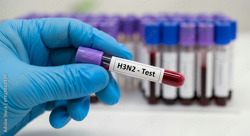 Naklejka premium Gloved hand holding H3N2 test tube with blood sample