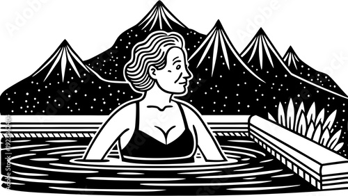 A lone swimmer amidst tranquil waters with distant mountains in the background