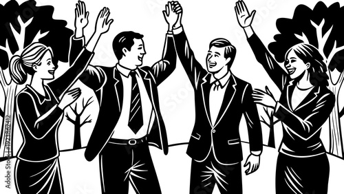 Group of people celebrating a triumphant victory with raised arms and smiling faces.