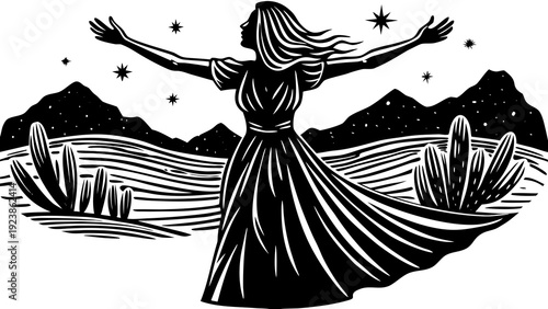 Graceful dancer under the starlit sky with mountain backdrop