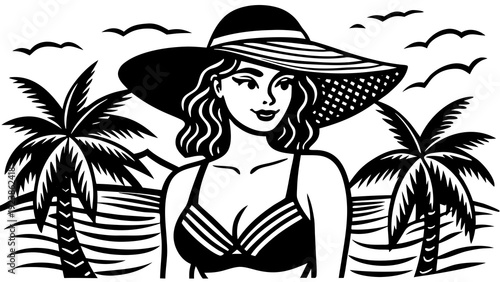 Elegant woman in stylish swimwear enjoying a sunny beach day with tropical ambiance