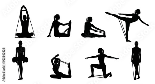 Fitness and Health: Vector Silhouettes of Women Exercising with Resistance Bands in Various Workout Poses and Stretches