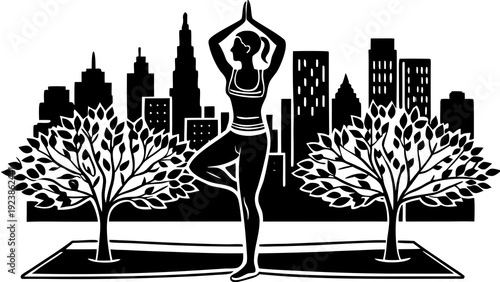 Monumental statue overlooking a cityscape with trees in the foreground