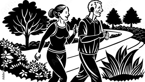 Vintage illustration of a gardener tending to plants with a young assistant watching