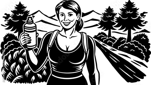 Determined athlete crossing the finish line with arms raised in triumph amidst nature