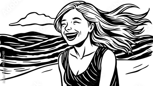 Serene woman with flowing hair embracing the essence of the ocean waves