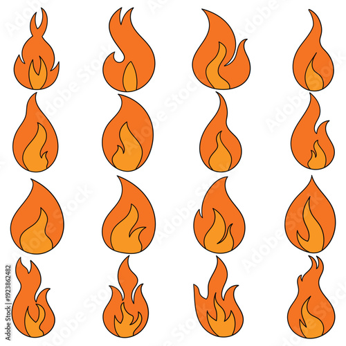 Hand-drawn cartoon set of flames on a white background.