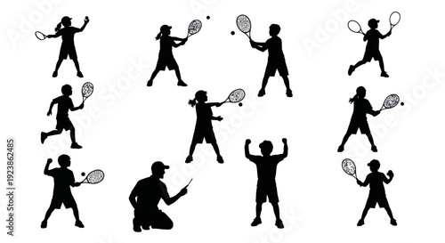 Silhouette of Children Playing Tennis with Rackets and Balls, Sports Activity Vector Art