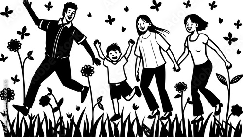 Four figures joyfully leaping amidst a field of grass and flying birds