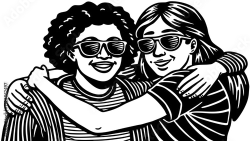 Two women sharing a warm and affectionate embrace in a vintage-style illustration