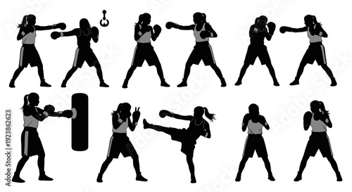 Female Boxer Silhouettes Set: Action Poses in Black and White Vector Art