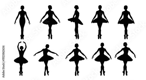 Elegant Ballet Dancers Silhouettes Vector Art Collection. Black and white ballerinas in various classic poses for dance and performing arts projects.