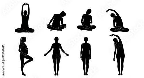 Yoga and Pregnancy Fitness Vector Silhouettes. Black  White Set of Women Meditating, Stretching, and Exercising for Health, Wellness, and Maternity Poses.