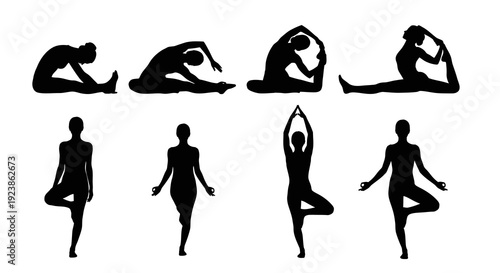 Yoga Poses Silhouettes Vector Art for Fitness and Wellness. Black and White Women Practicing Meditation and Exercise in Various Yoga Positions.