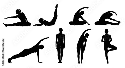 Fitness and Yoga Silhouettes Vector Illustration Set: Women Practicing Various Poses for Health, Wellness, and Exercise