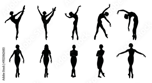 Ballet Dancer Silhouettes: Dynamic Poses in Black and White Stock Vector Art