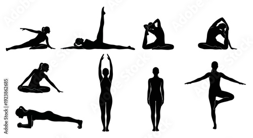 Yoga Poses Vector Silhouettes Set. Black and White Women Practicing Fitness and Wellness Exercises. Health, Meditation, and Exercise Art.