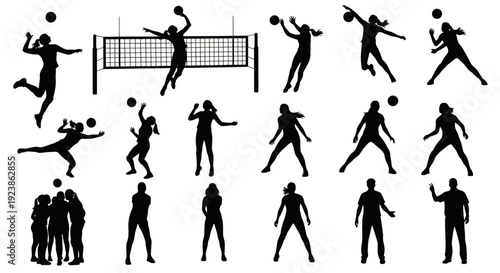 Volleyball Sports Players Silhouette Vector Set. Dynamic Black and White Athletes in Action Poses with Ball and Net for Team Games and Fitness