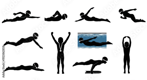 Black and White Child Swimmer Silhouette Glyphs: Swimming Strokes, Exercises, and Poses for Sports Training
