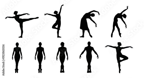 Dance Silhouettes Vector Illustration Set: Dynamic Black and White Ballerinas and Male Dancers in Various Poses for Performing Arts and Movement Concepts