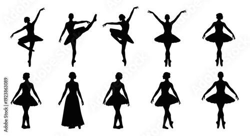 Elegant Ballet Dancer Silhouettes Vector Collection. Ballerinas in Diverse Poses for Dance and Performing Arts Design.