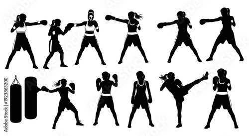 Female Combat Sports Athletes Silhouettes. Diverse Boxing  Kickboxing Women Poses for Fitness  Martial Arts Training Vector Collection