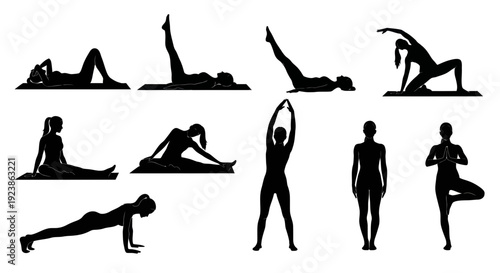 Black and White Vector Silhouettes: Women Practicing Yoga  Pilates Poses for Fitness, Health  Wellness Industry